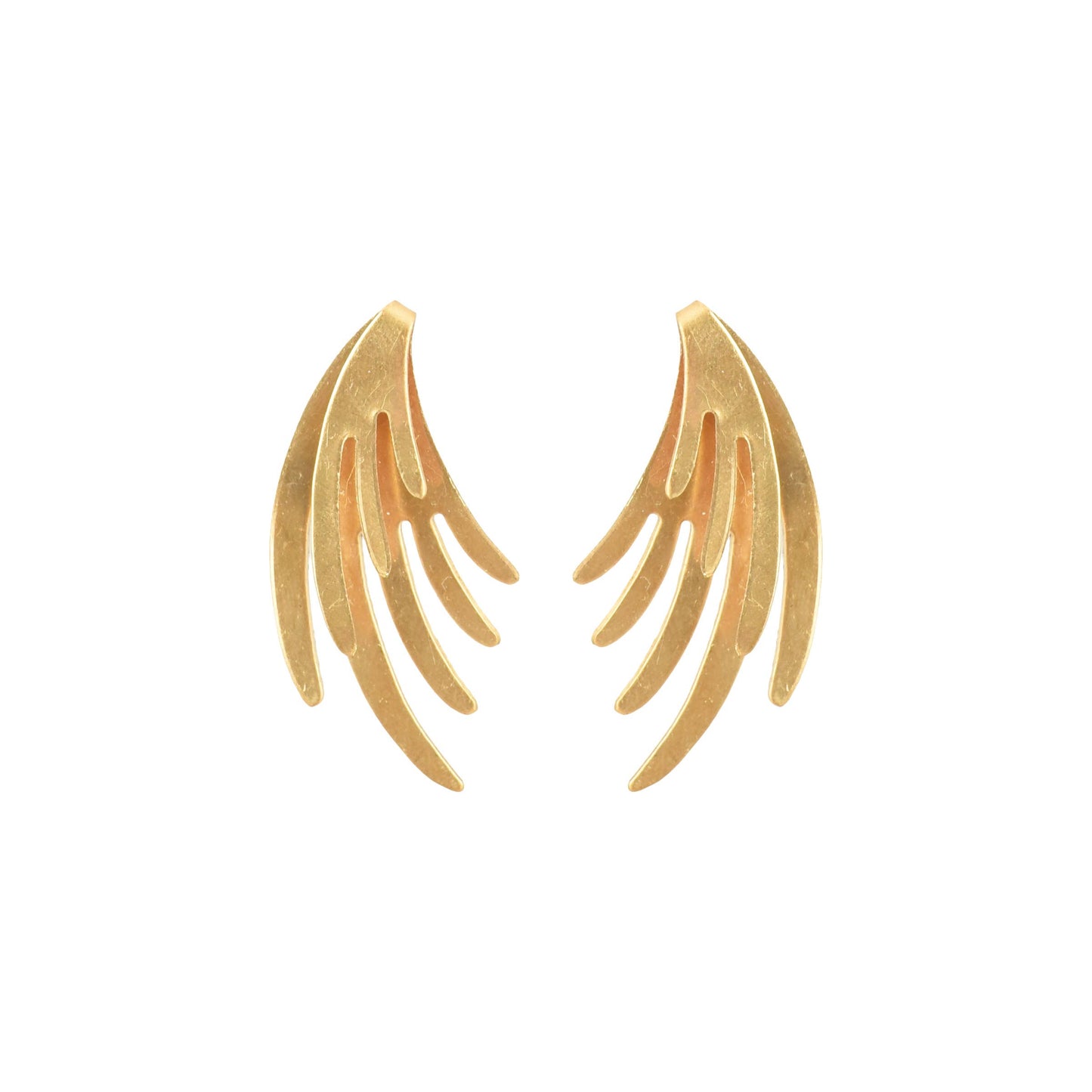 Abstract comet shaped brass earrings w/ sterling silver post set against a white background