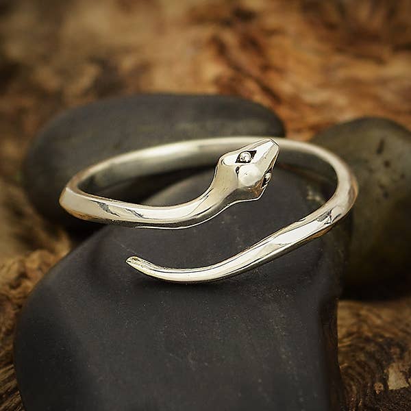 A silver ring with a snake design on a dark, textured background.