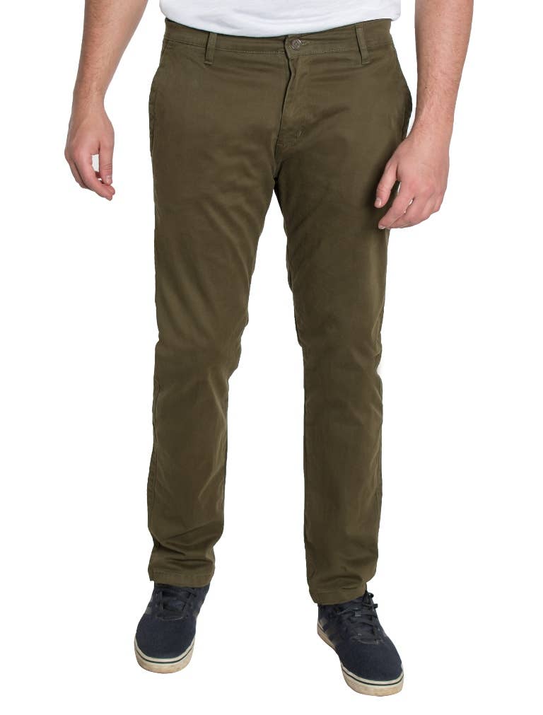 olive green men's pants on a male model