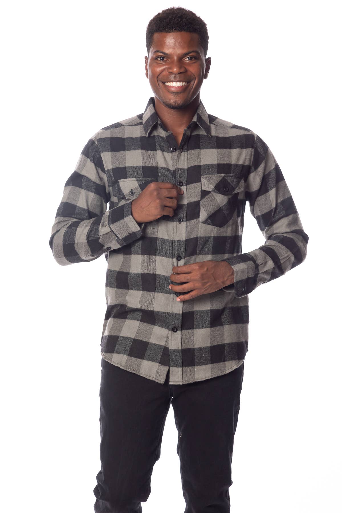 male model is wearing a plaid flannel shirt