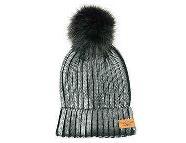 black metallic beanie with a pompom
