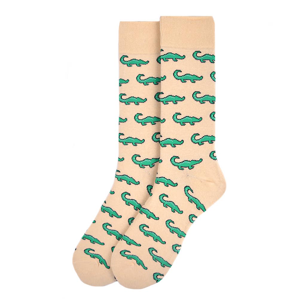 beige socks with alligator print