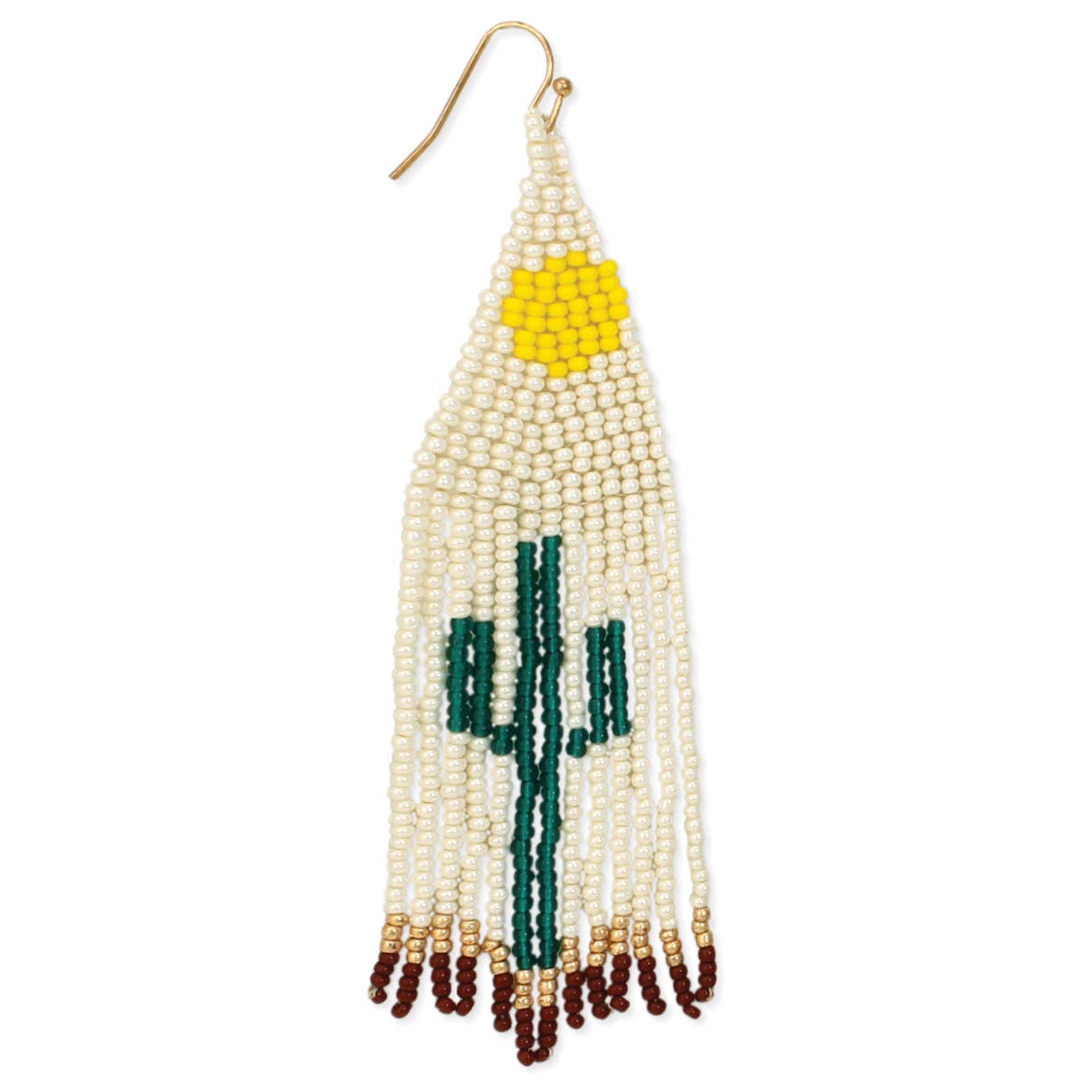 Triangular glass bead earrings featuring a green cactus, yellow sun, gold and dark red bottom and a cream background.