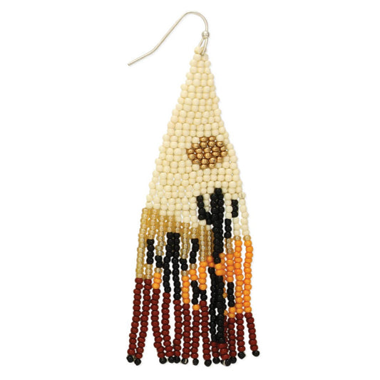 Pictured against a white background is a beaded earring featuring maroon, orange, gold, and white beads as the backdrop and black cacti in the middle. There is a gold hook as the post.
