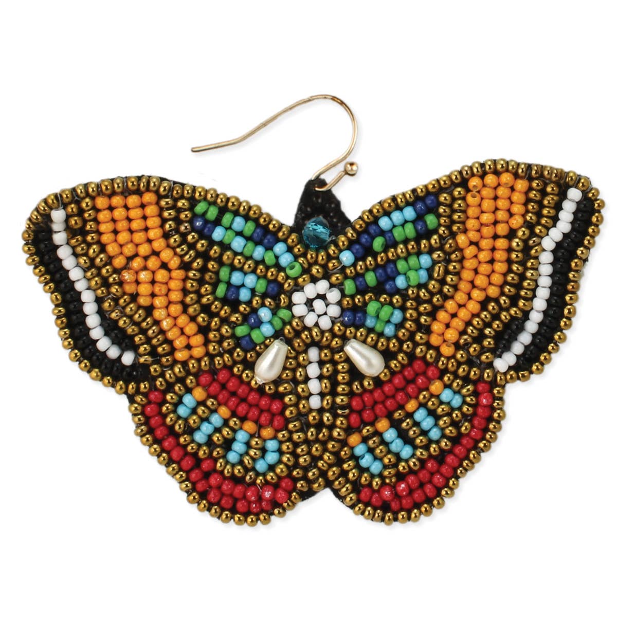 Warm amber, red, turquoise and blue beads are embroidered on a butterfly shape fabric earring hanging from gold ear wire.