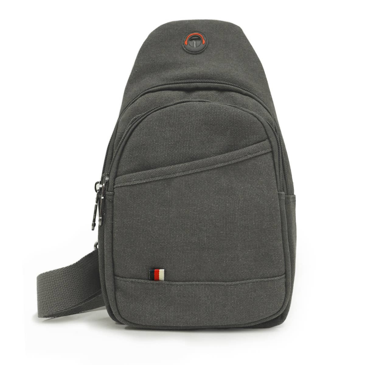 the image shows a grey crossbody bag against a white backdrop