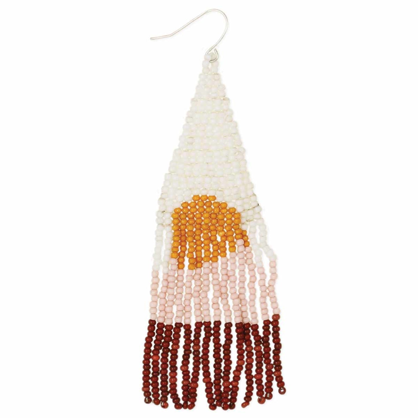 Pictured against a white background are beaded earrings that feature a yellow sun against light pink and red beaded backdrop.