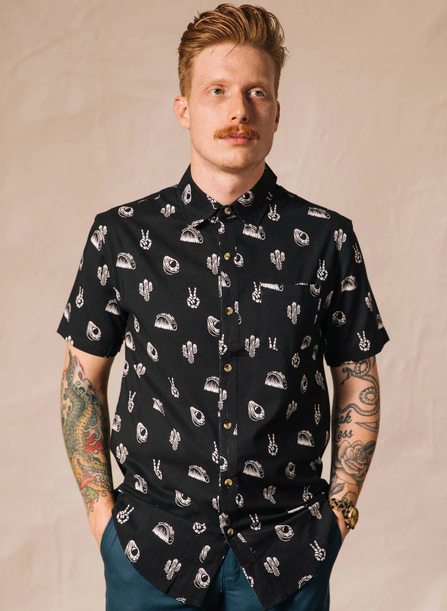 men's black button down with white print