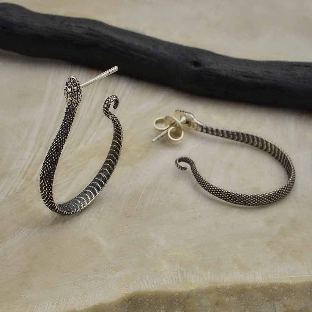 textured silver snake open hoop earrings
