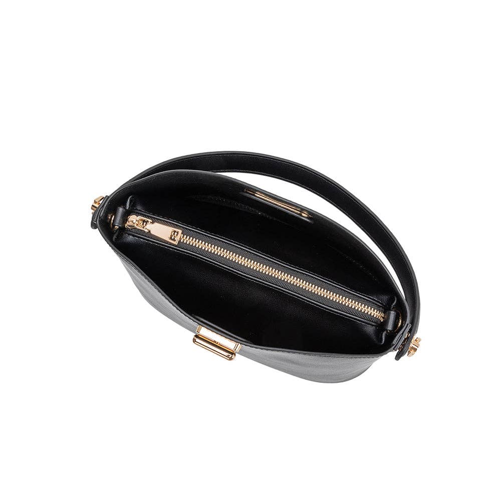 Gray handbag with gold zipper and handle on a white background