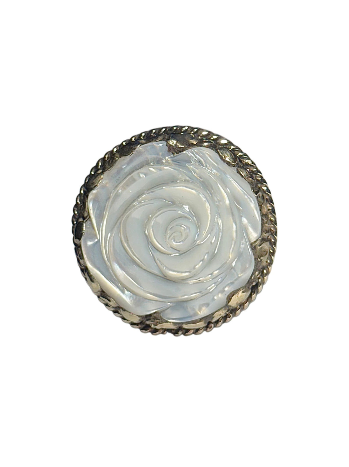 Shell rose ring with silver border on white background