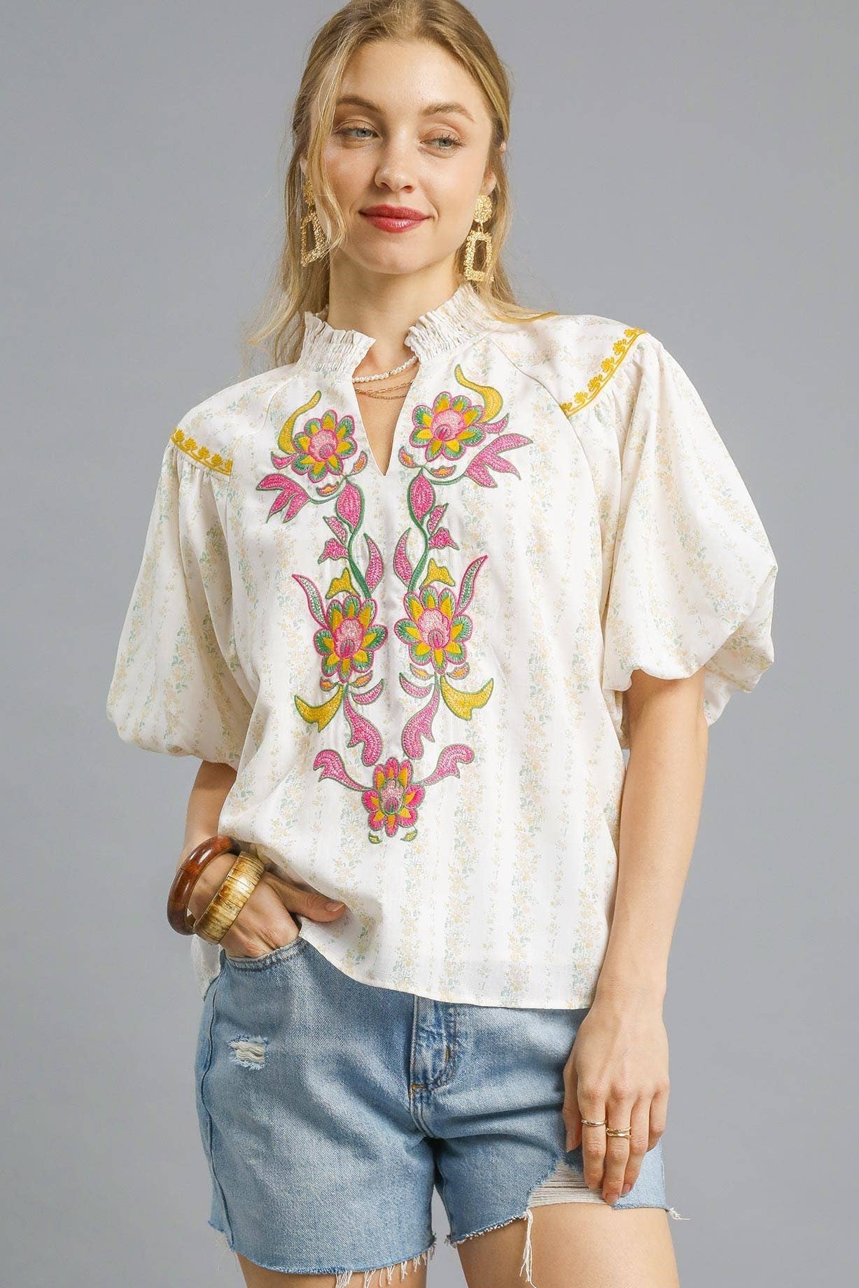 Floral Embroidered Puff Short Sleeve Top - Butter