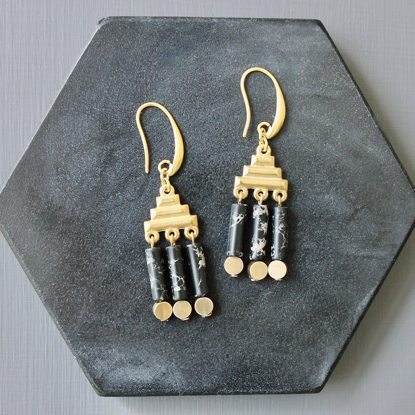 Erika Pyramid Drop Earring - Black/Brass