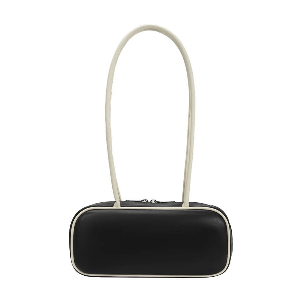 Black rectangular pouch with a white strap on a white background