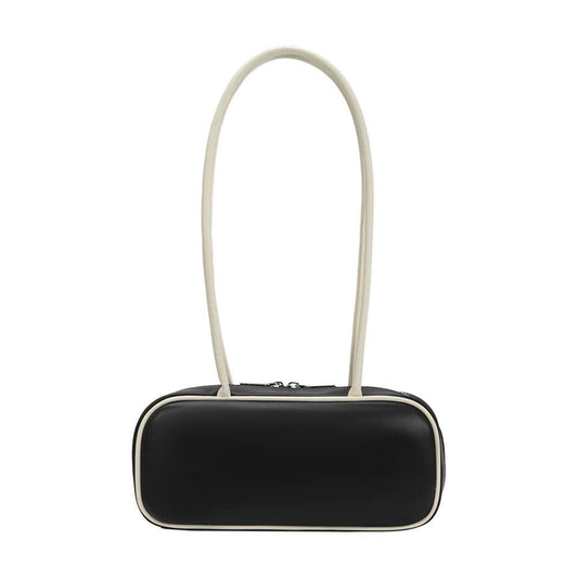 Black rectangular pouch with a white strap on a white background