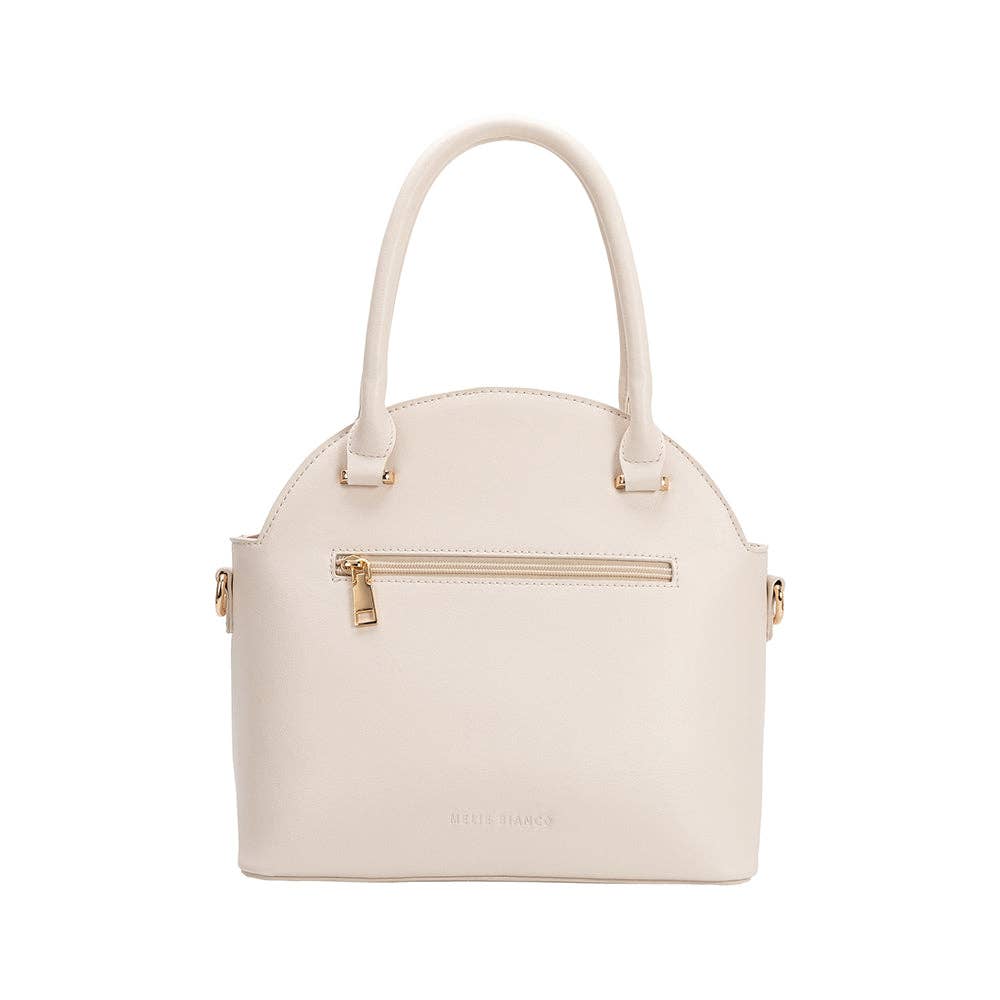 back view of ivory handbag showing zipper pocket on white background