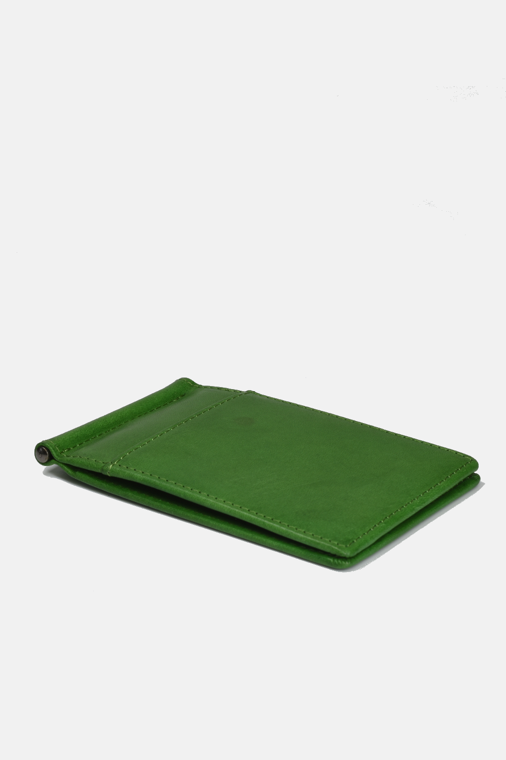 green wallet laying flat against a white background