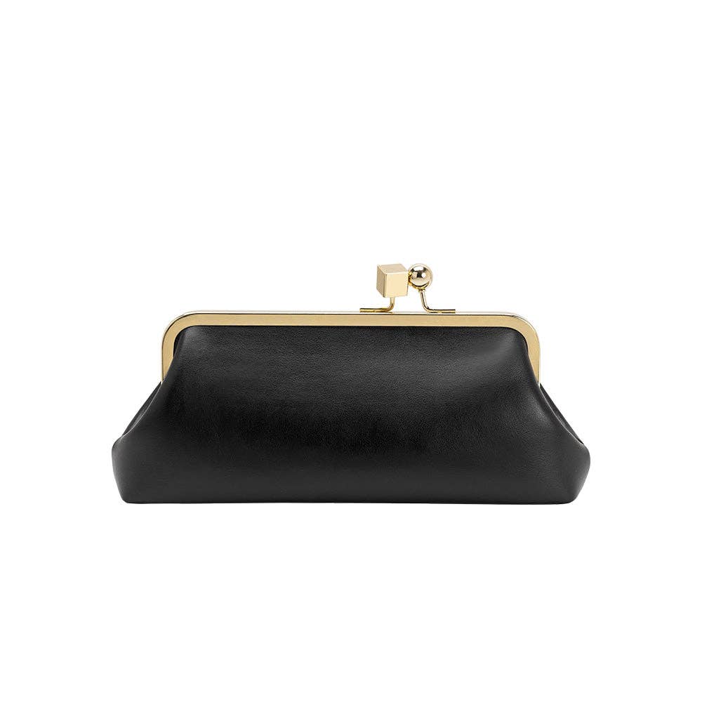 A black leather kiss-lock clutch bag with a gold-tone metal frame and clasp, shown against a plain white background.