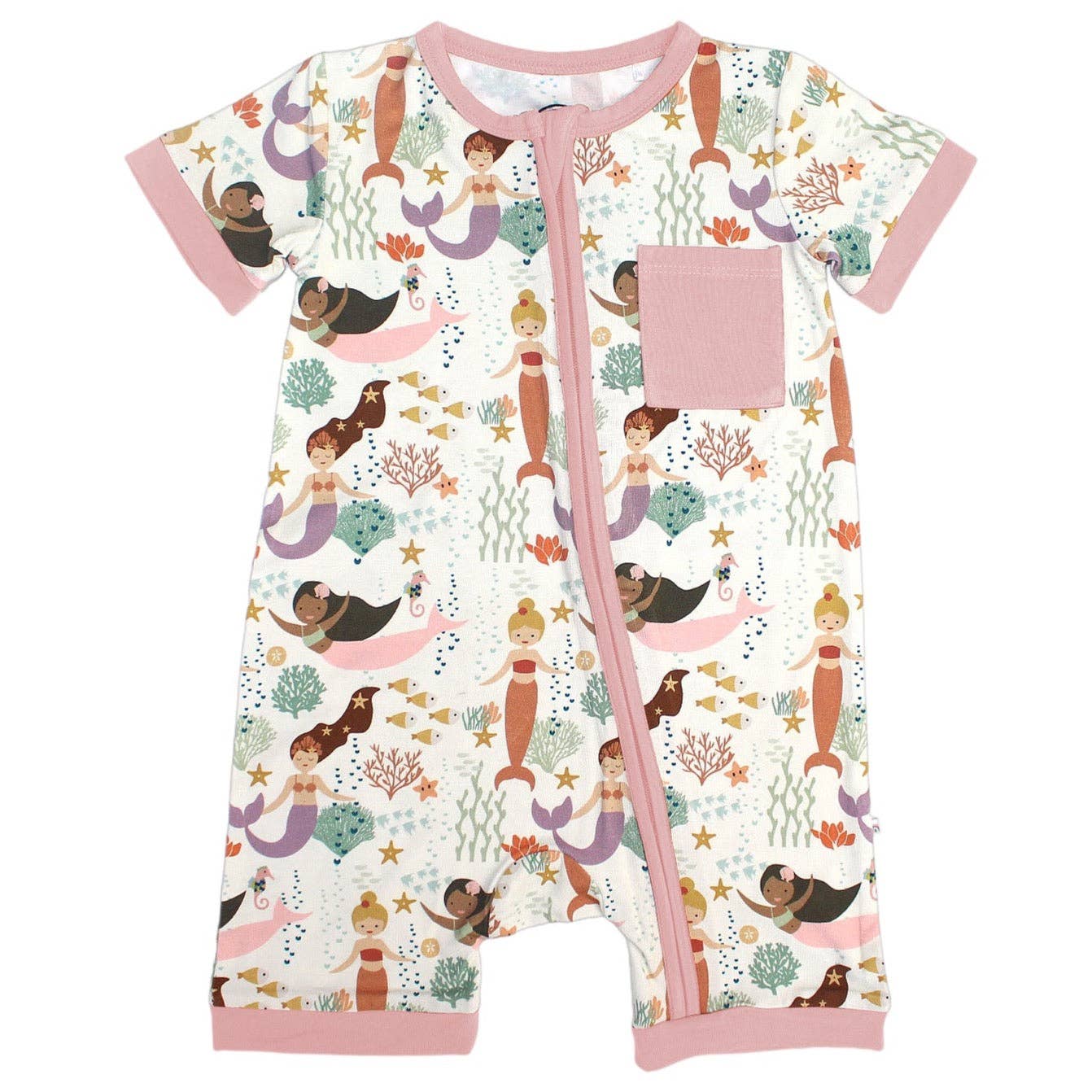 Baby onesie with mermaid pattern on a white background