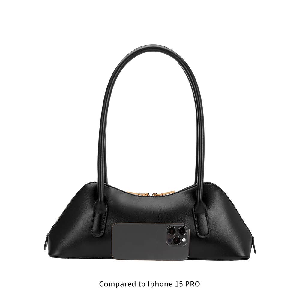 Black handbag with a phone case on a white background
