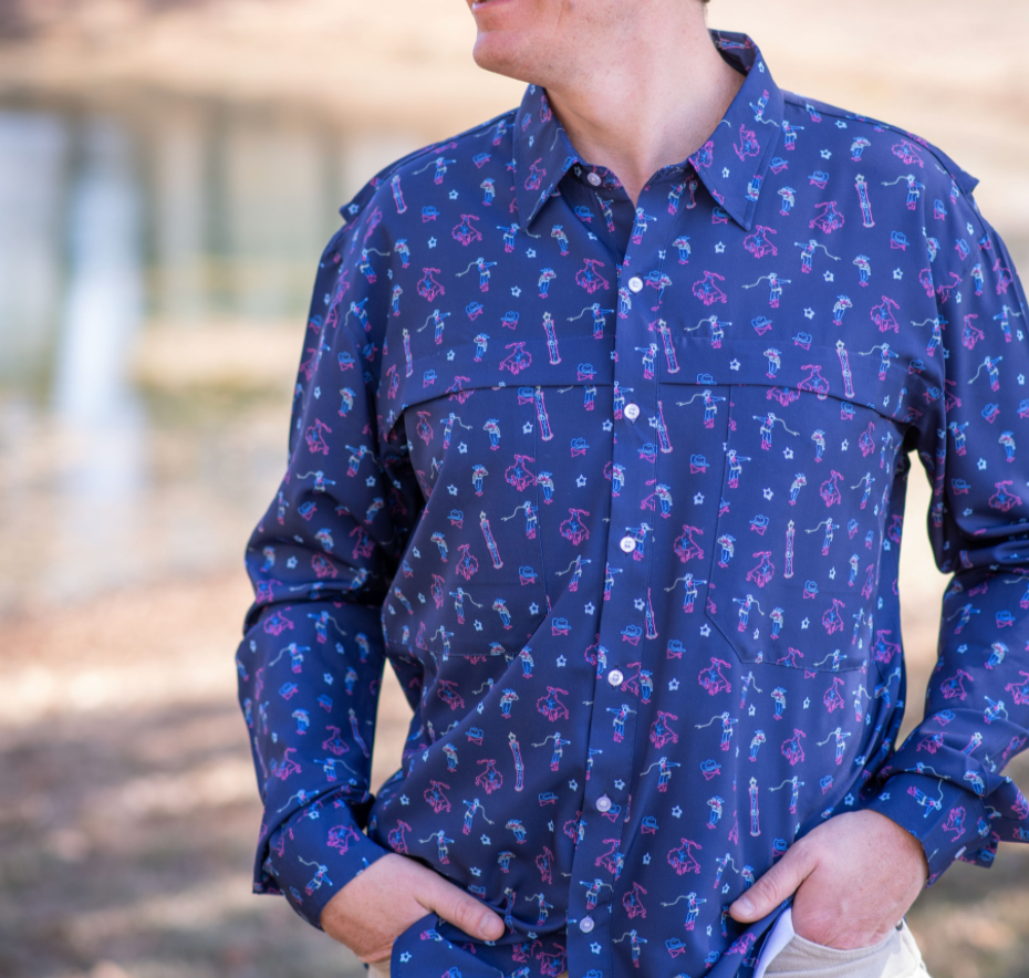 long sleeve blue shirt with cowboy print