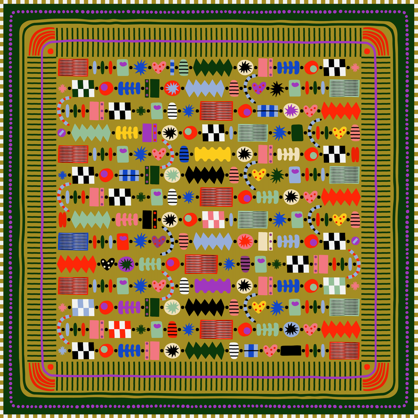 A multicolored bandana with geometric patterns, predominantly in geometric shapes, displayed on a green background.