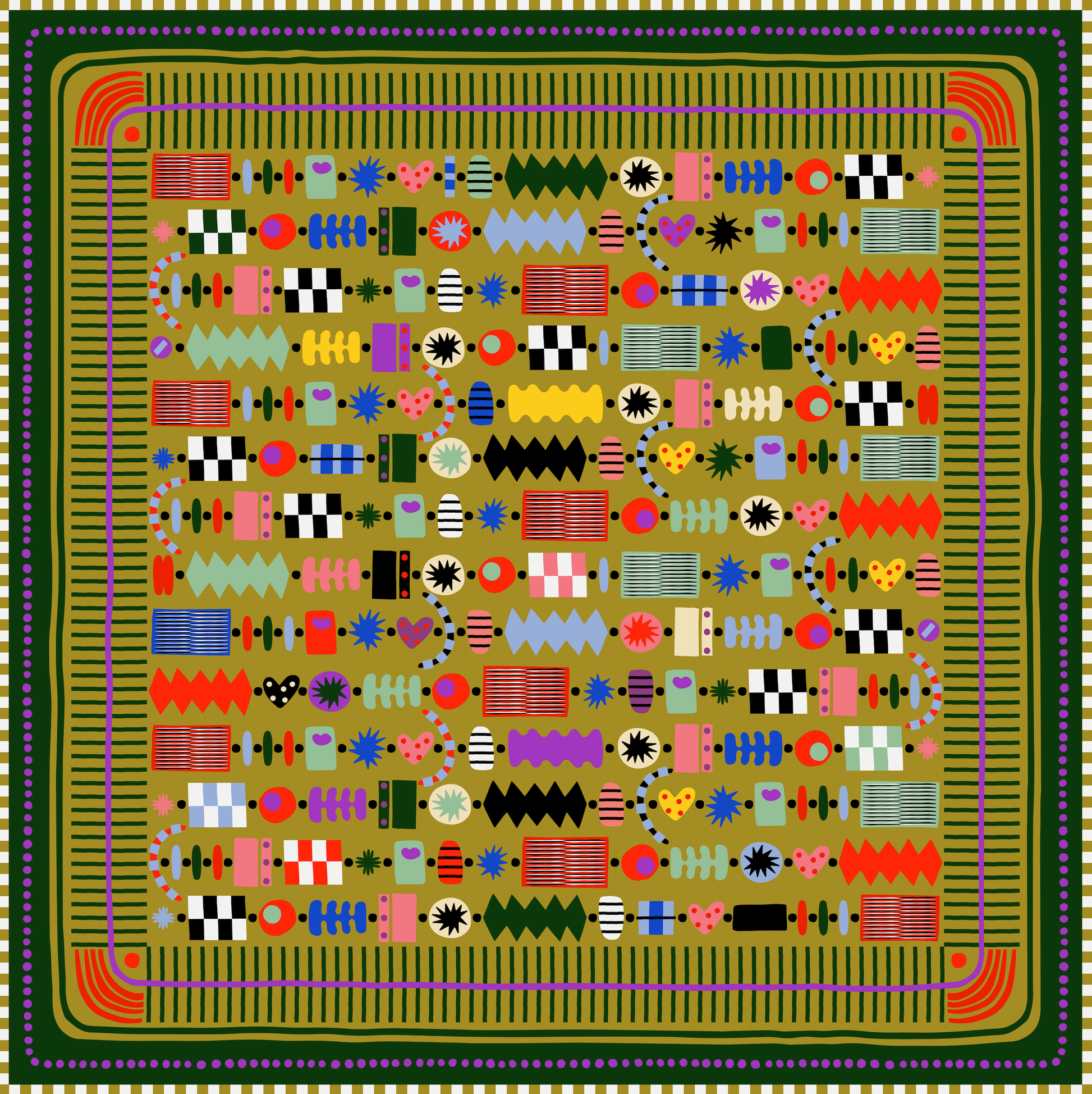A multicolored bandana with geometric patterns, predominantly in geometric shapes, displayed on a green background.