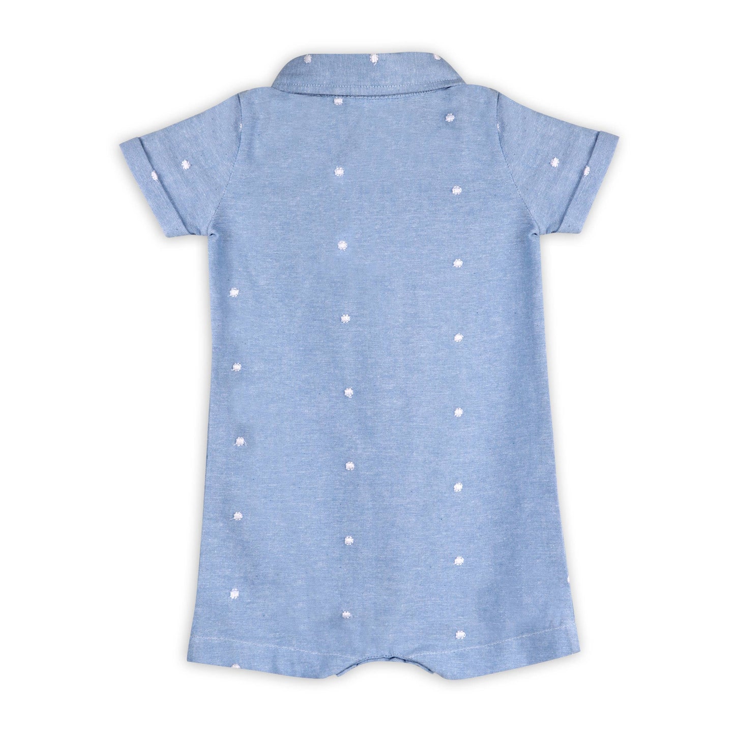 back of light blue baby jumper with white dots