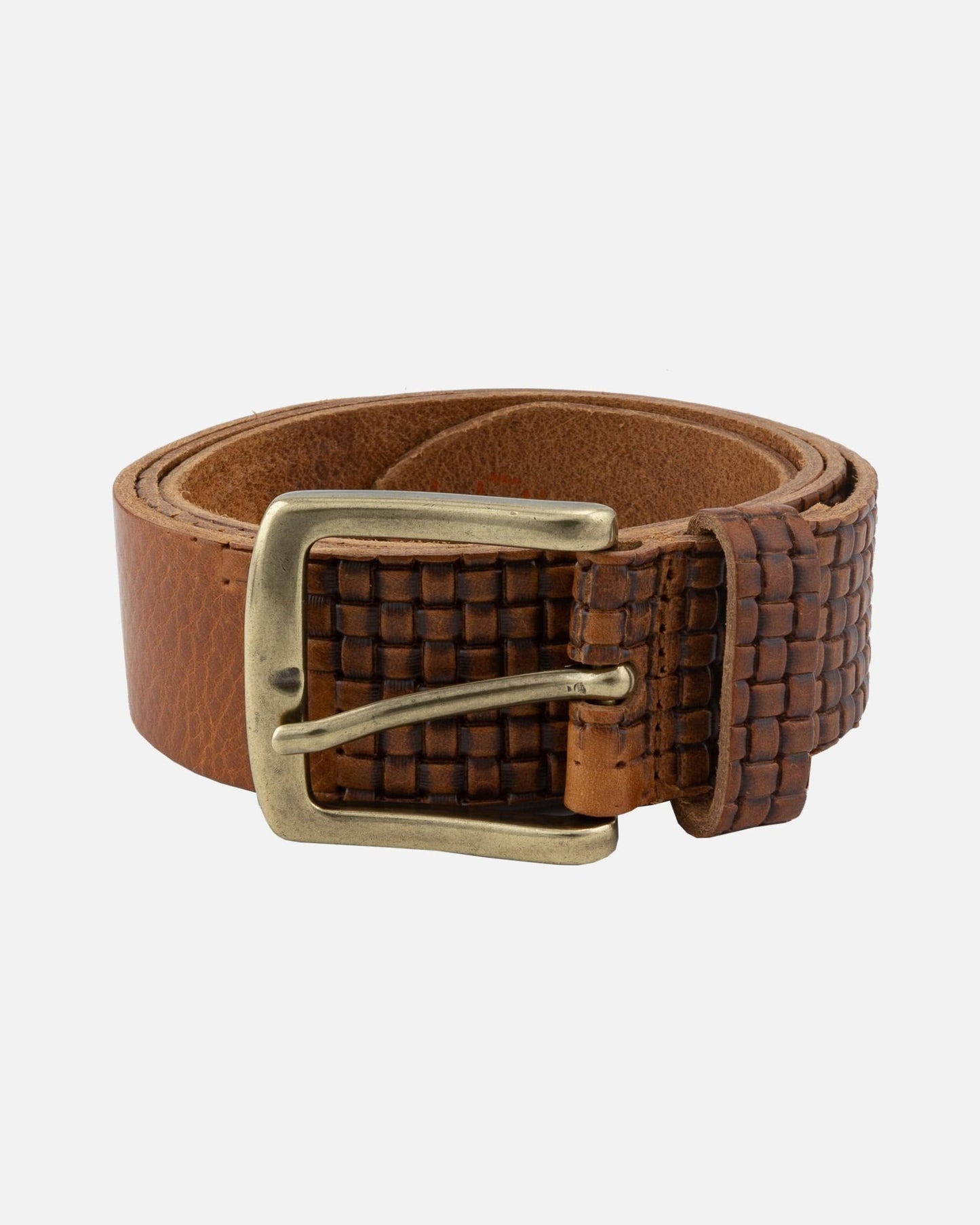 Brown leather belt with a gold buckle on a white background