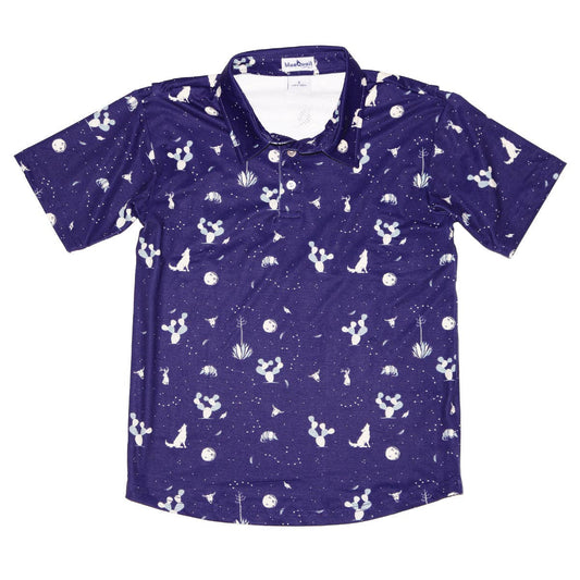 Blue polo shirt with white wolf and cactus print. on a white background