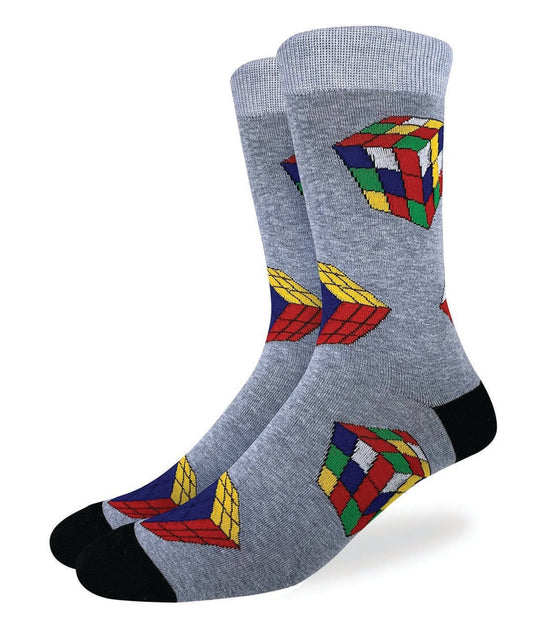 Gray socks with Rubik's Cube design on a white background