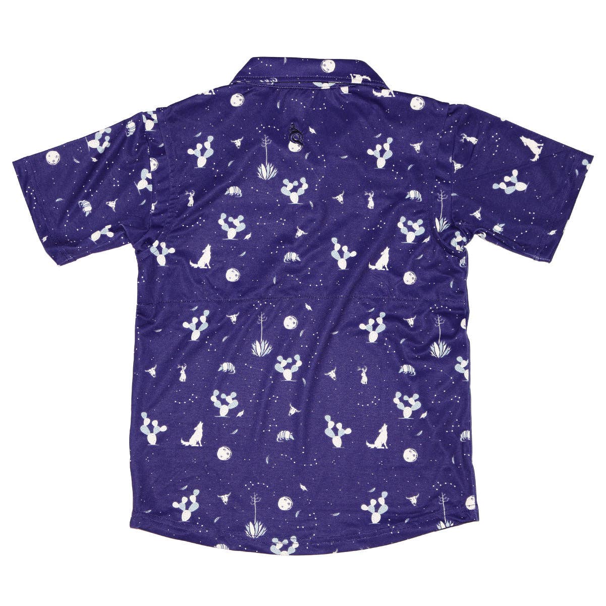 Blue polo shirt with white wolf and cactus print. on a white background