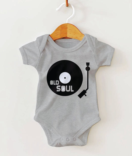 Gray baby onesie with a vinyl record design on a white background