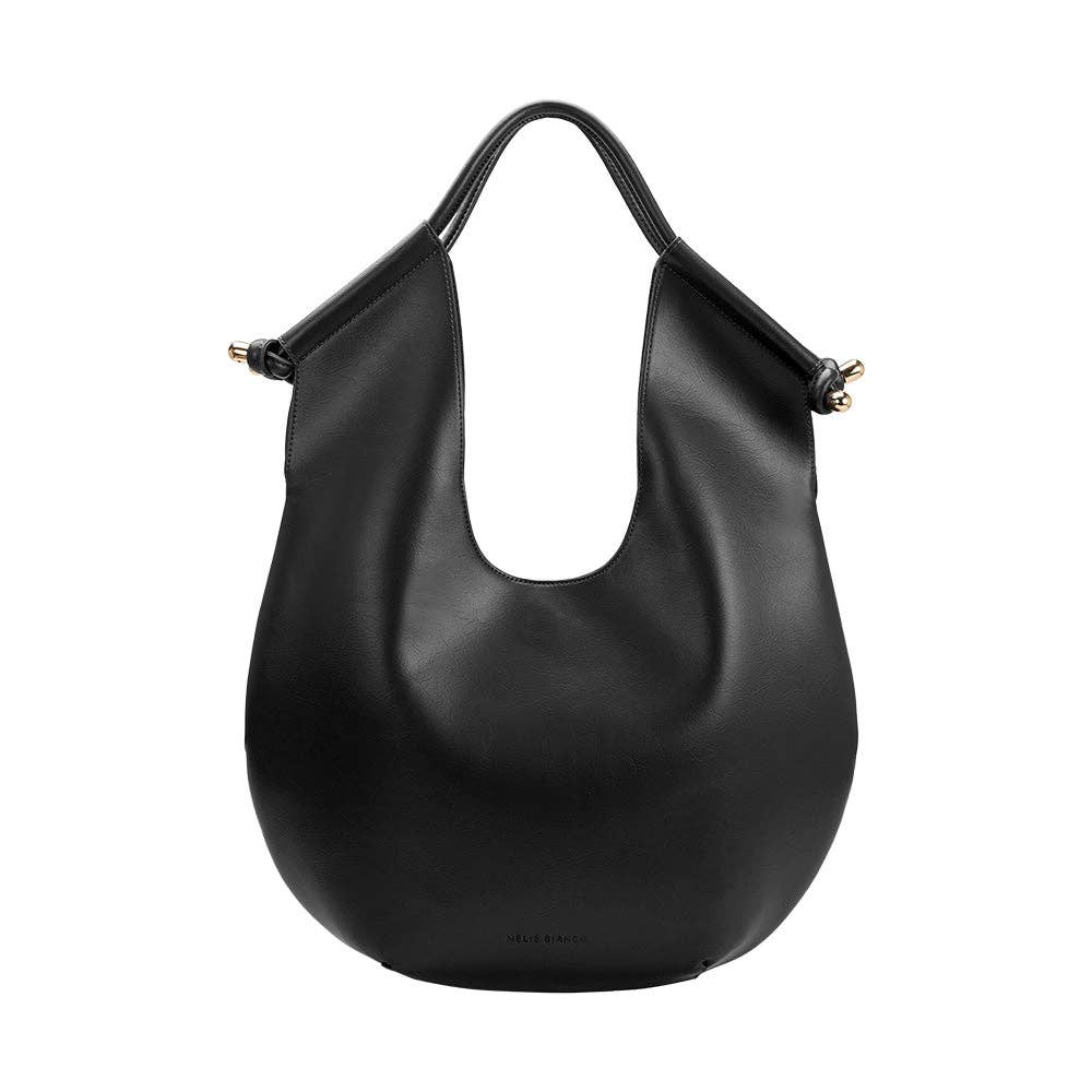 Black leather shoulder bag with knotted design and gold hardware on the handles.
