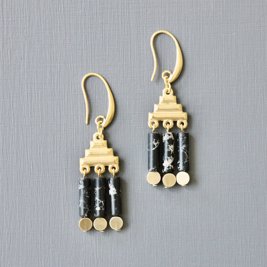 Erika Pyramid Drop Earring - Black/Brass