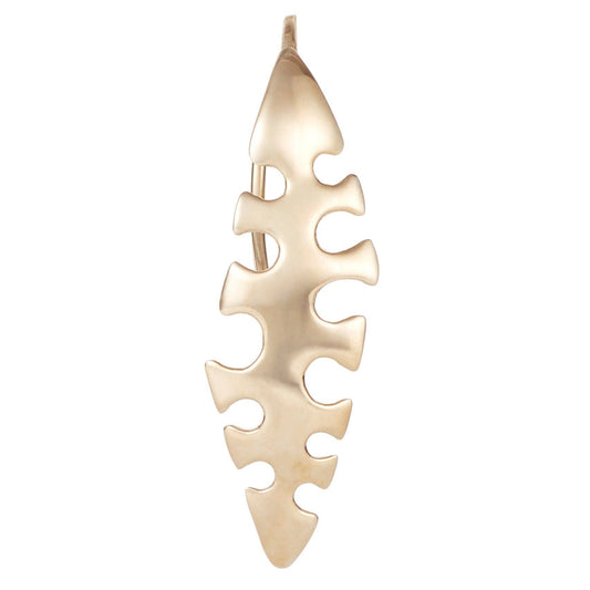 A gold pendant with a stylized, organic leaf ear cuff, shown on a plain white background.