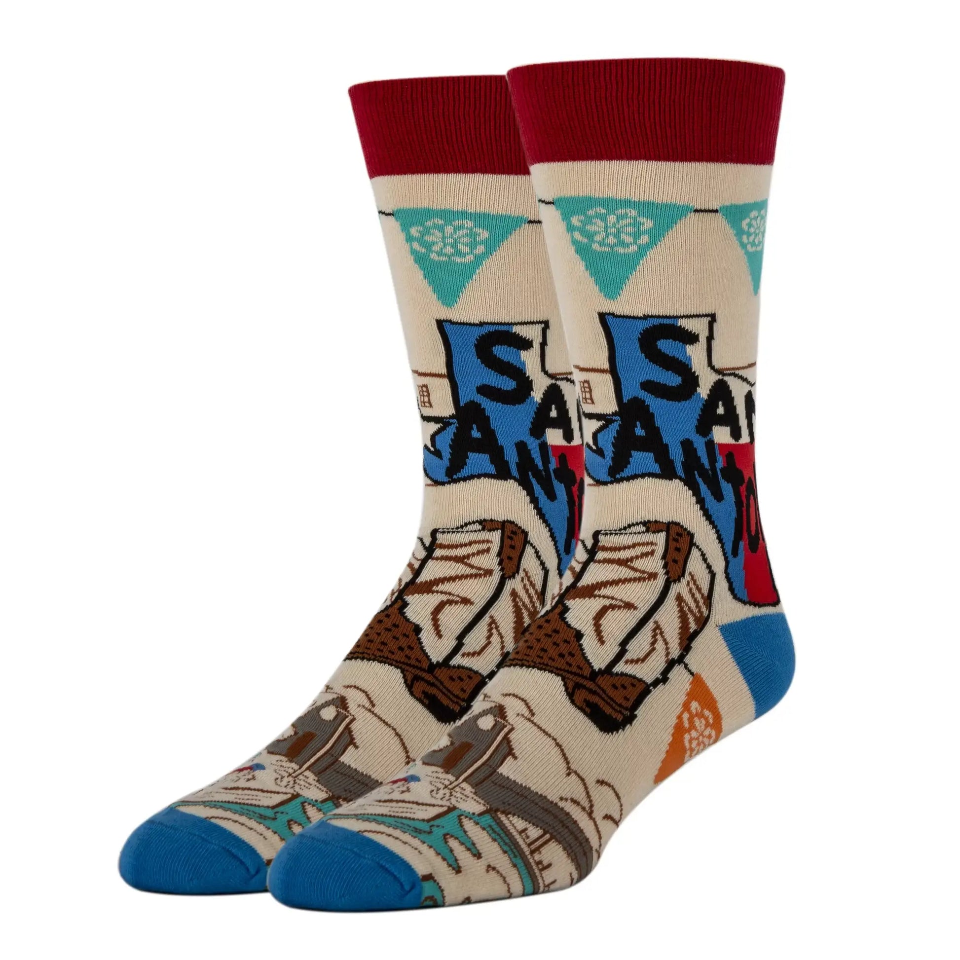 san antonio socks featuring texas state, fiesta banner, cowboy boots and the riverwalk