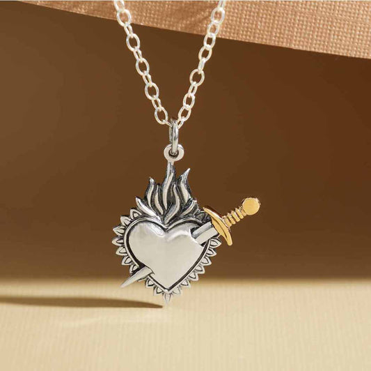 Mixed Metal Flaming Heart and Sword Necklace