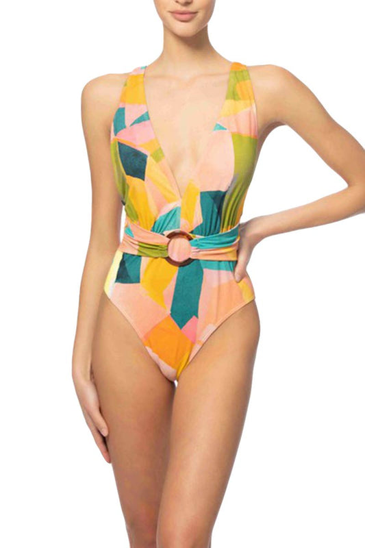 Printed Ring Accent One Piece Swimsuit - Orange