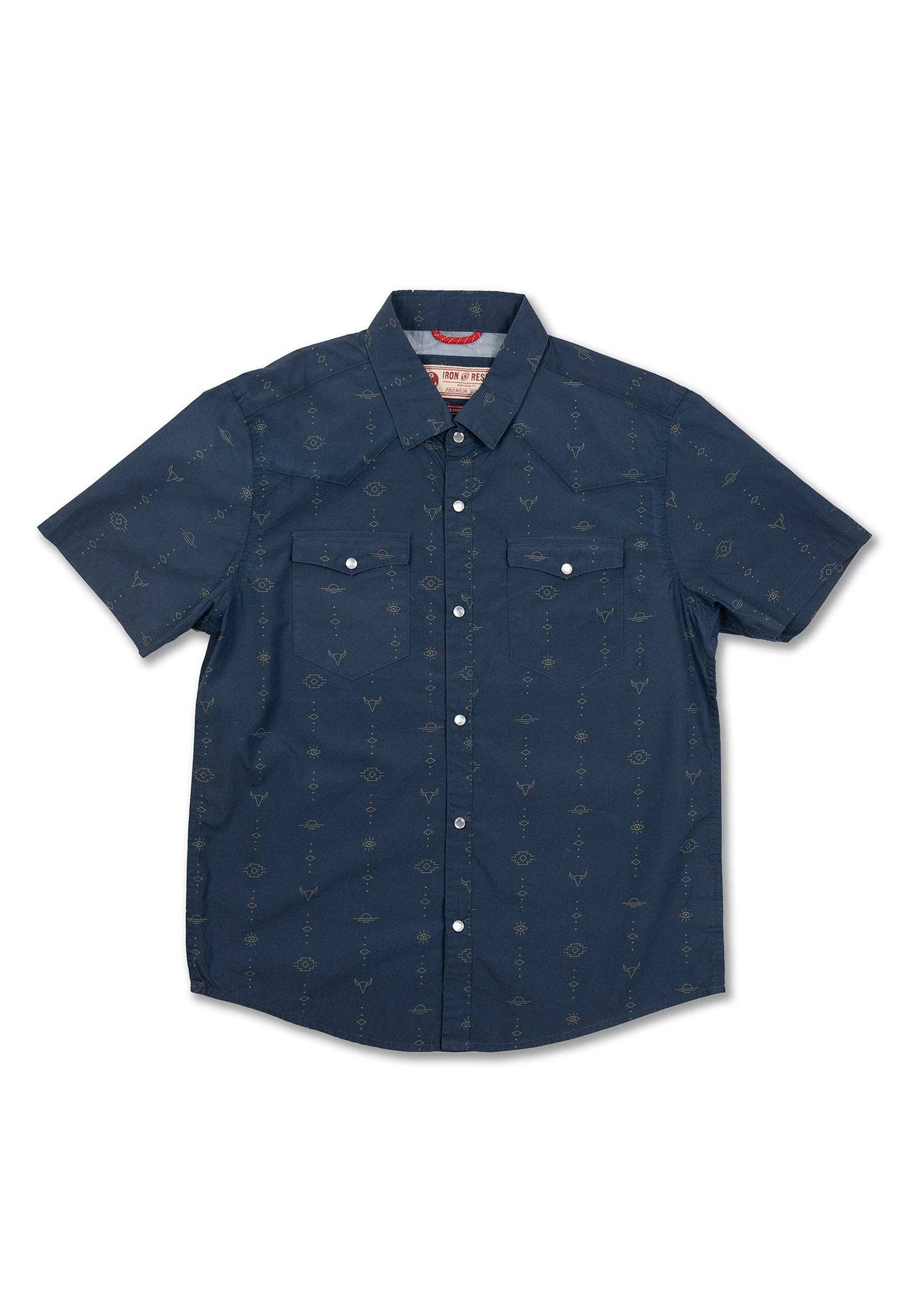navy western short sleeve shirt with small patterns, double chest pocket and top entry button closure, pearl snap buttons, locker loop draw cord on inside collar