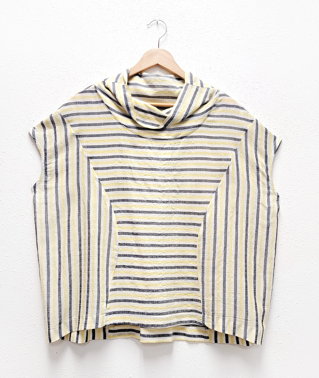 grey, white, and yellow wide striped top with a cowl neck, cap sleeves and princess seams