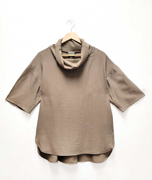 brown boxy top with a large cowl neck, 3/4 sleeves and a dropped shoulder