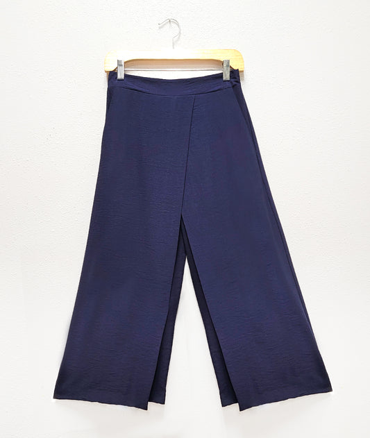 wide leg deep blue pant with overlapping panels on either leg front