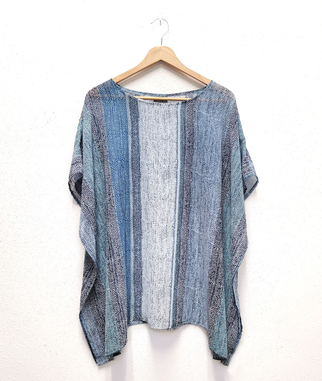 blue and white multi-tonal poncho with a dot print