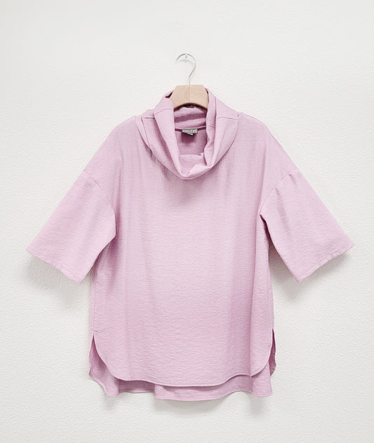 petal pink pullover top with a cowl neck, rounded hem and dropped shoulders