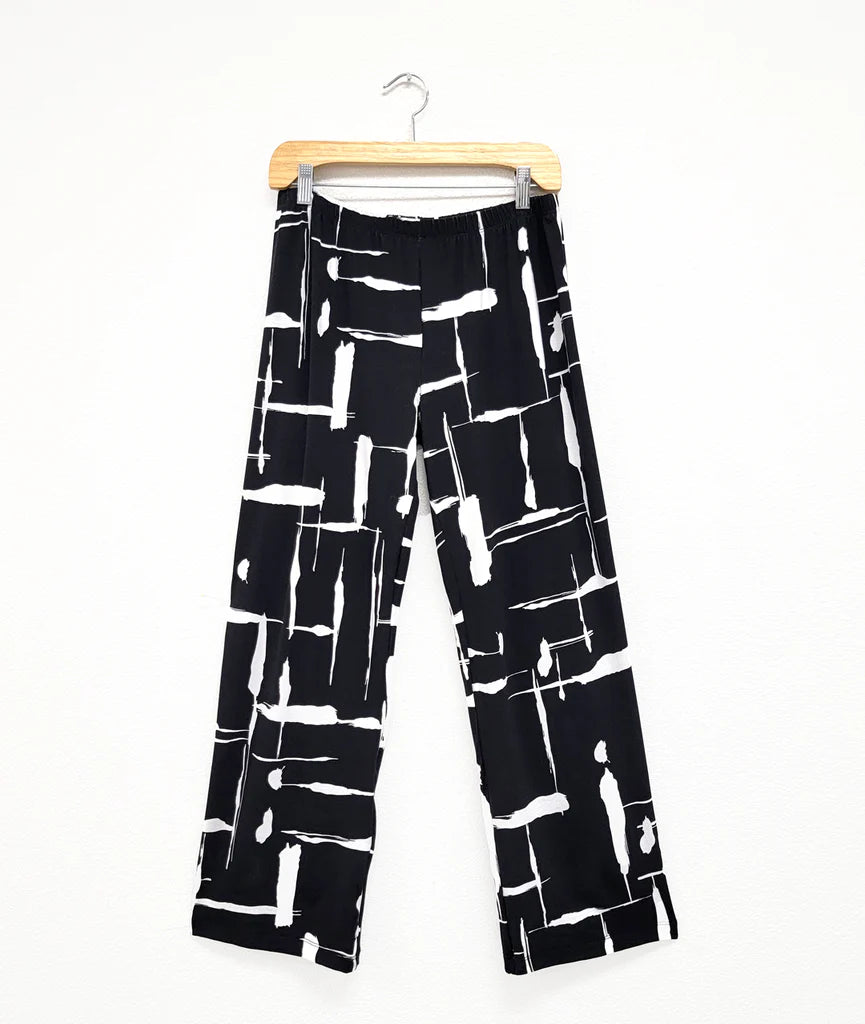 black and white print straight leg pant on hanger with white background