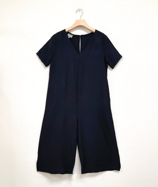 wide, black, cropped leg jumpsuit with a loose fitting body, short sleeves and a vneck.