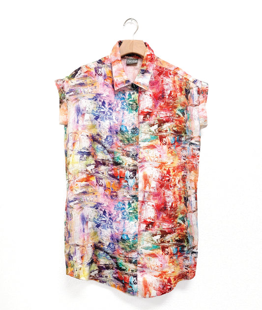 multi color paint stroke print shirt dress with a short cap sleeve, button down front, boxy silhouette and a curved hemline