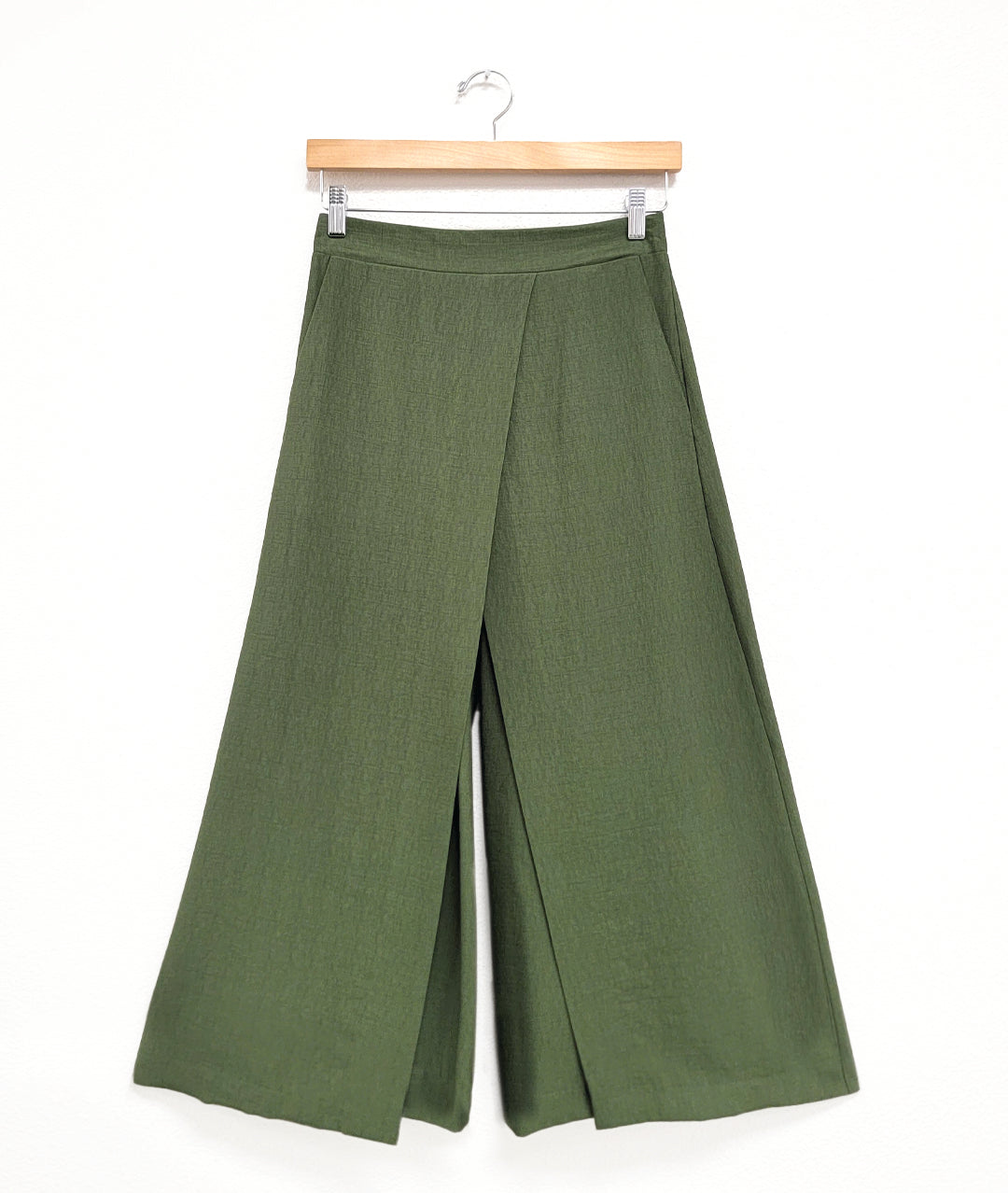 pine green wide leg pant with overlapping layers at the front