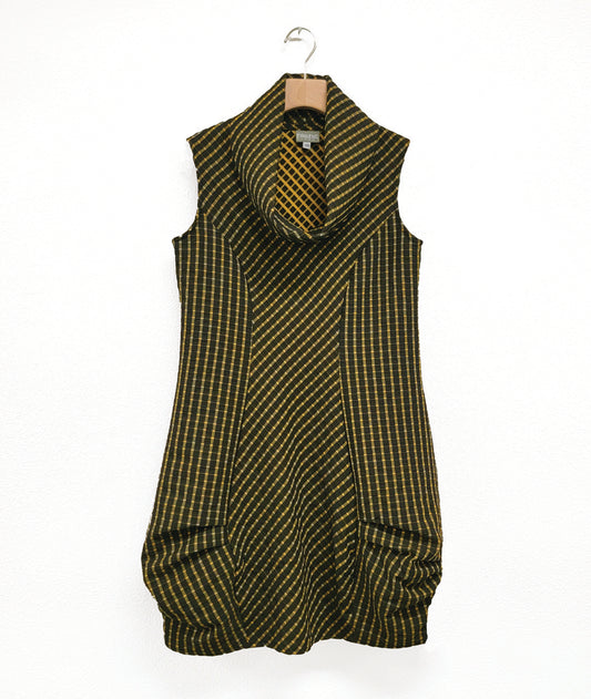 black and yellow grid print tunic with a cowl neck, princess seams, pockets and a pleating detail at the hips